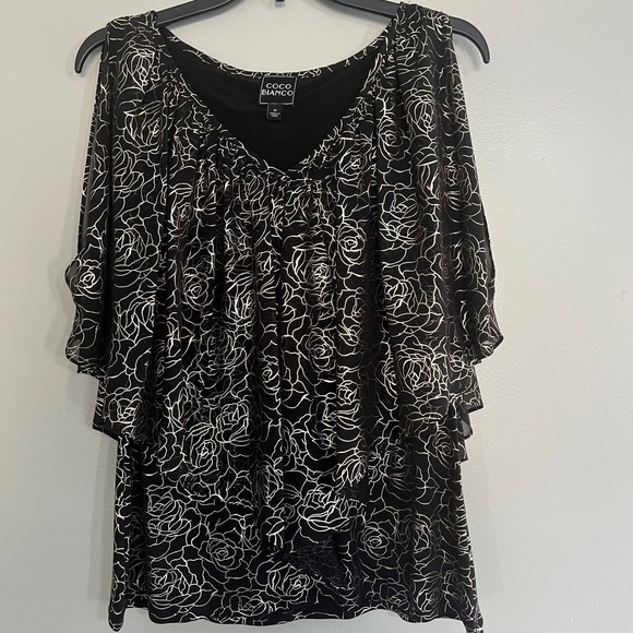 Coco Bianco Tops - Coco Bianco Womens‎ Black Silver Metallic Rose Cold Shoulder Layered Blouse M